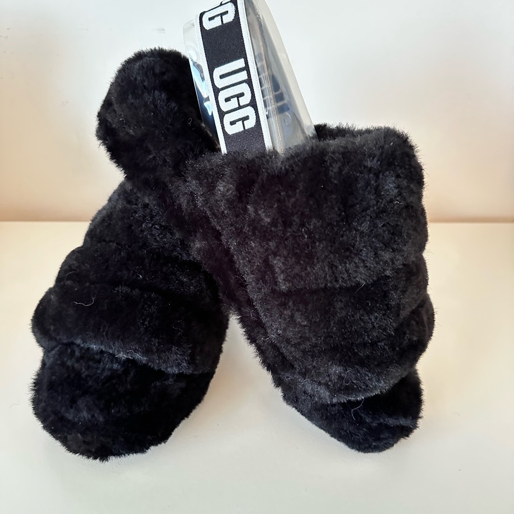UGG Black Fluffy Slippers with Logo Strap - Picture 4 of 6